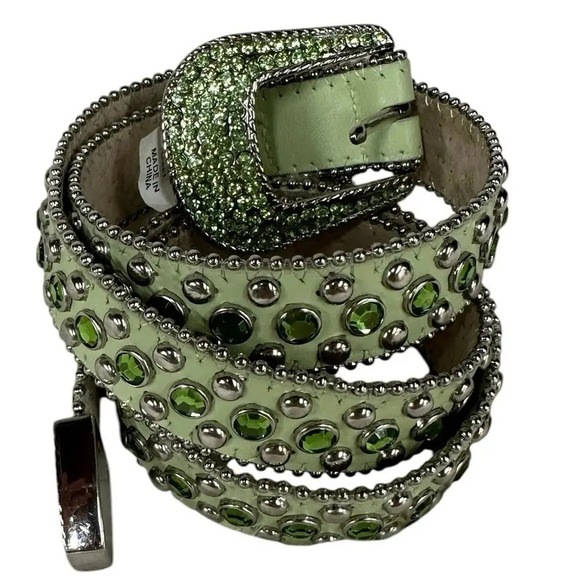 Christine Alexander Swarovski Crystal Studded Green Leather Belt Size Large - Picture 2 of 16